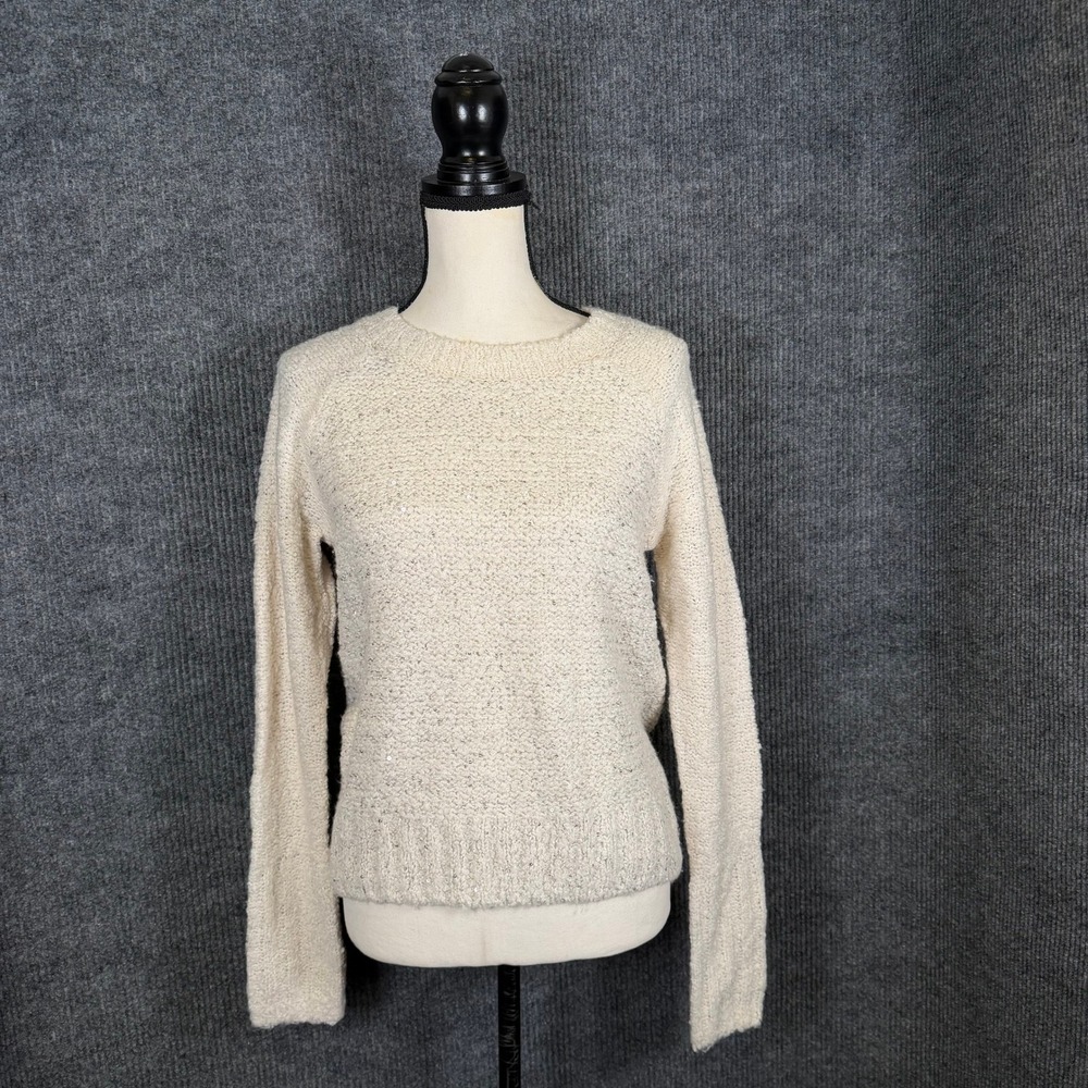 Abercrombie Sequin Boucle Knit Sweater Sz S Cream Wool Blend Sparkly Crew Neck